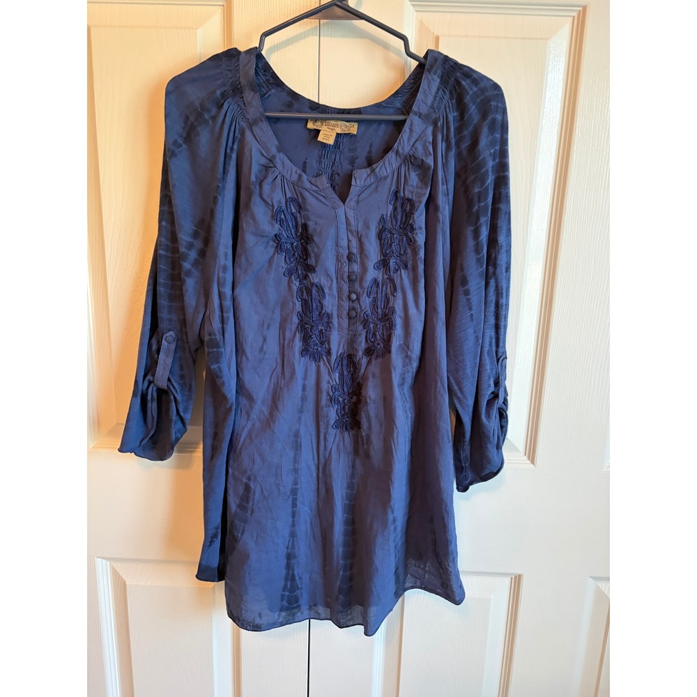 Vintage America Blues Navy Blue Embroidered Tunic  XXL Tie Dye Roll Tab Sleeve
